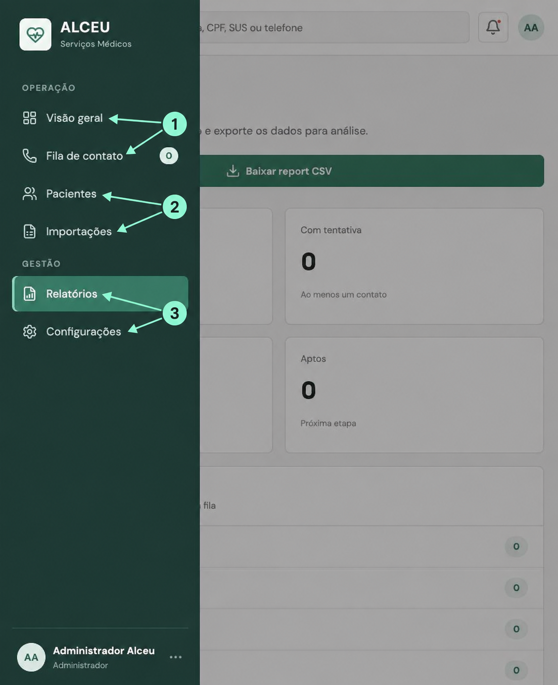 Menu lateral com os módulos do sistema destacados
