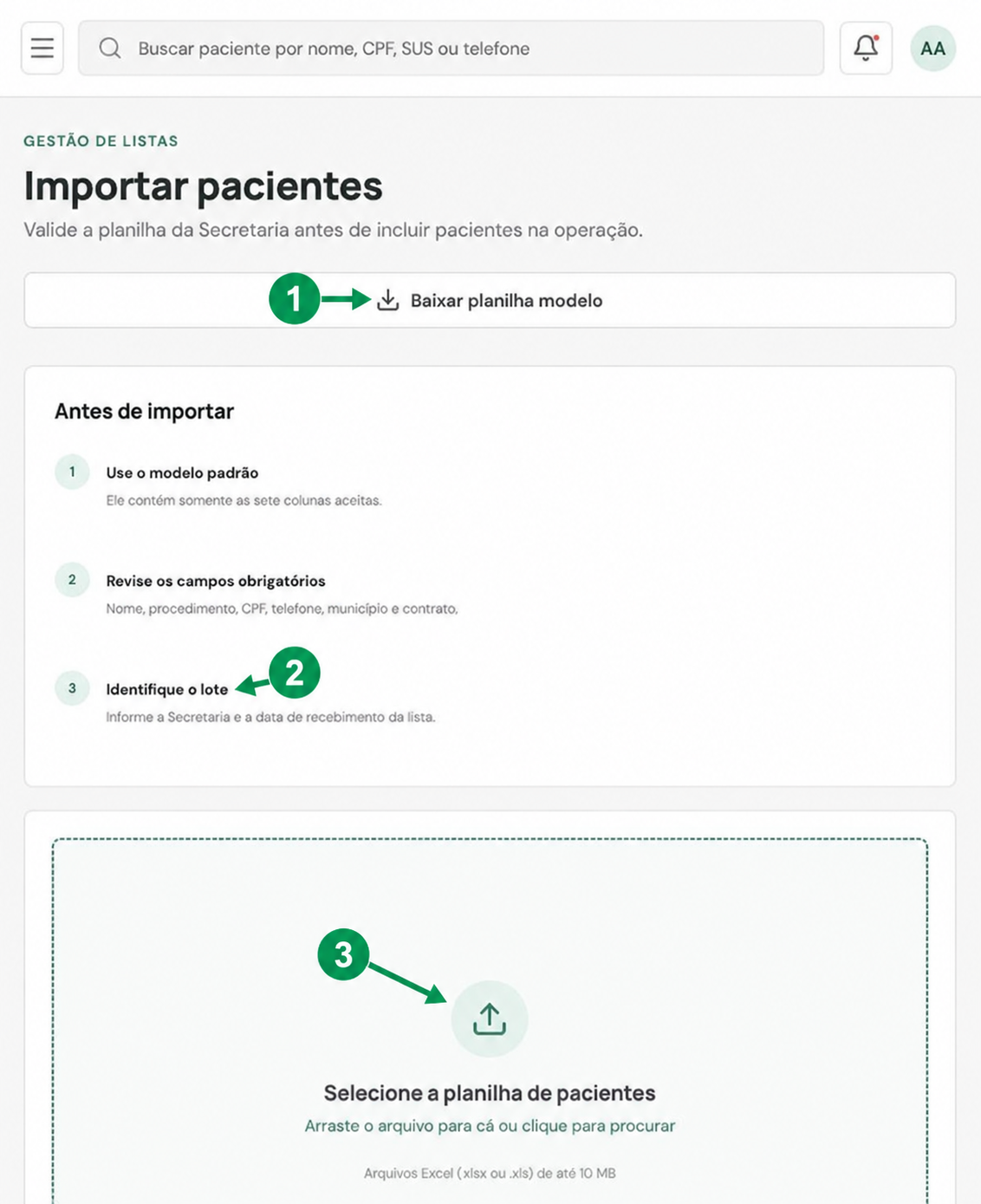 Tela de importação com modelo, identificação do lote e área de envio destacados