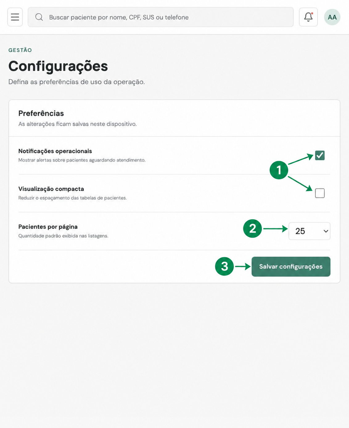 Tela de configurações com opções e botão Salvar destacados